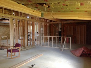 view looking north in café/study lounge area (half-framed wall depicts where the "soda counter" will be)